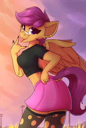 Size: 1350x2000 | Tagged: safe, artist:shadowreindeer, scootaloo, pegasus, anthro, g4, :p, adorasexy, bandaid, bandaid on nose, breasts, busty scootaloo, cheek fluff, clothes, cropped hoodie, cute, cutealoo, devil horn (gesture), dock, ear piercing, earring, female, implied tail hole, jewelry, looking at you, looking back, looking back at you, mare, midriff, miniskirt, mlem, nail polish, older, older scootaloo, piercing, punk, rear view, ripped stockings, sexy, short shirt, silly, skirt, solo, stockings, tattoo, thigh highs, tomboy, tongue out, tramp stamp, zettai ryouiki