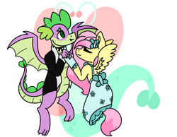 Size: 2700x2100 | Tagged: safe, artist:arrow-bow, fluttershy, spike, dragon, pegasus, pony, g4, clothes, dress, female, heart, high res, male, ship:flutterspike, shipping, straight