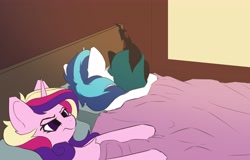 Size: 4096x2622 | Tagged: safe, artist:avery-valentine, princess cadance, queen chrysalis, shining armor, alicorn, changeling, changeling queen, pony, unicorn, g4, ah yes me my girlfriend and her x, annoyed, bed, cadance is not amused, cheek fluff, cuckolding, cuckquean, ear fluff, female, frown, glare, grumpy, high res, husband and wife, lidded eyes, male, mare, meme, messy mane, on side, shining armor is a goddamn moron, ship:shining chrysalis, shipping, stallion, straight, unamused