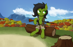 Size: 5088x3317 | Tagged: safe, artist:thehuskylord, oc, oc only, oc:filly anon, earth pony, pony, absurd resolution, clothes, cloud, female, filly, fn fal, forest, frown, gun, hill, log, mountain, rhodesia, rifle, solo, tree, tree stump, uniform, weapon