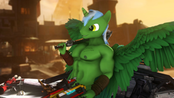 Size: 3840x2160 | Tagged: safe, artist:vladichslg, oc, oc:green hit, alicorn, anthro, 3d, abs, alicorn oc, anthro oc, borderlands, bracelet, crossover, fetish, green skin, high res, horn, jewelry, male, male nipples, muscle fetish, muscles, nipples, nudity, partial nudity, source filmmaker, vehicle, vein, weapon, wings