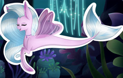 Size: 3070x1954 | Tagged: safe, artist:hestiay, silverstream, seapony (g4), g4, bioluminescent, coral, cute, diastreamies, dorsal fin, eyes closed, female, fin, fin wings, fins, fish tail, flowing mane, jewelry, necklace, ocean, open mouth, seapony silverstream, seaquestria, seaweed, solo, swimming, underwater, water, wings