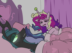 Size: 1034x762 | Tagged: safe, artist:jargon scott, princess cadance, queen chrysalis, shining armor, alicorn, changeling, changeling queen, pony, unicorn, g4, ah yes me my girlfriend and her x, ball, bed, bed mane, bisexual, cover, female, glowing eyes, hilarious in hindsight, horn, horn guard, horn impalement, hornball, lesbian, male, meme, polyamory, ponified meme, ship:chrysarmordance, shipping, shit eating grin, story in the comments, straight, tennis ball, this will end in death, this will end in pain, this will not end well