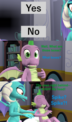Size: 1920x3240 | Tagged: safe, artist:papadragon69, princess ember, spike, dragon, comic:spike's cyosa, g4, 3d, choice, comic, cyoa, dialogue, female, fourth wall, he knows, looking at you, male, no, offscreen character, older, older spike, pov, school of friendship, ship:emberspike, shipping, source filmmaker, straight, teenage spike, teenager, uh oh, winged spike, wings, yes