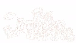 Size: 1600x900 | Tagged: safe, artist:symbianl, apple bloom, applejack, fluttershy, pinkie pie, rainbow dash, rarity, scootaloo, sweetie belle, twilight sparkle, earth pony, pegasus, pony, unicorn, g4, applejack's hat, cowboy hat, cutie mark crusaders, hat, mane six, monochrome, simple background, sketch, white background