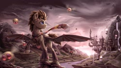 Size: 1600x905 | Tagged: dead source, safe, artist:rysunkowasucharia, doctor whooves, time turner, earth pony, parasprite, pony, robot, g4, artificial wings, augmented, canterlot, canterlot castle, clothes, fourth doctor's scarf, mechanical wing, raised hoof, scarf, striped scarf, wings