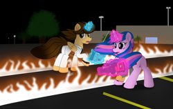 Size: 7000x4430 | Tagged: safe, artist:ejlightning007arts, oc, oc only, oc:ej, oc:hsu amity, alicorn, pony, back to the future, building, butt, camera, clothes, crossover, doc brown, duo, fire, magic, marty mcfly, not twilight sparkle, parking lot, plot, remote control, streetlight, telekinesis, tree