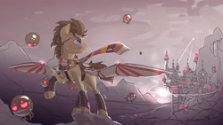 Size: 3974x2246 | Tagged: dead source, safe, artist:rysunkowasucharia, doctor whooves, time turner, earth pony, parasprite, pony, robot, g4, artificial wings, augmented, canterlot, canterlot castle, clothes, high res, mechanical wing, raised hoof, scarf, sketch, toclafane, wings