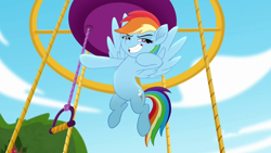 Size: 1920x1080 | Tagged: safe, screencap, rainbow dash, pegasus, pony, g4, my little pony: rainbow roadtrip, day, female, flying, hot air balloon, mare, pose, rainbow dash is best facemaker, raised hoof, smiling, solo, spread wings, teeth, wings