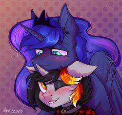 Size: 1131x1065 | Tagged: safe, artist:survya, princess luna, oc, oc:moonshine, alicorn, pony, unicorn, g4, collar, couple, cuddling, cute, flannel, flannel shirt, freckles, shipping, size difference, snuggling, wholesome