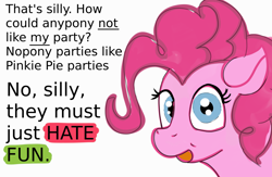 Size: 3052x1984 | Tagged: safe, anonymous artist, pinkie pie, earth pony, pony, g4, description is relevant, female, meta, satire, simple background, solo, text, white background