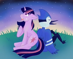 Size: 2048x1646 | Tagged: safe, artist:jello_moons, twilight sparkle, bird, blue jay, pony, unicorn, g4, aeroplanes and meteor showers, airplanes (song), crossover, crossover shipping, crying, female, male, mare, mordecai, mordetwi, night, redraw mordetwi meme, regular show, sad, shipping, song reference, stars, straight, teary eyes, text, unicorn twilight