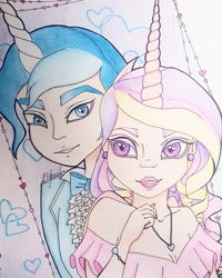 Size: 1080x1350 | Tagged: safe, artist:eli.moon.378, princess cadance, shining armor, human, g4, bowtie, bust, clothes, female, heart eyes, horn, horned humanization, humanized, jewelry, male, necklace, straight, traditional art, wingding eyes