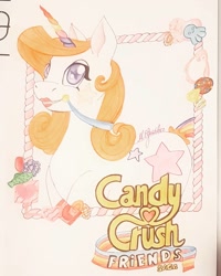Size: 1080x1350 | Tagged: safe, artist:eli.moon.378, pony, unicorn, candy, candy crush, cutie mark, food, lipstick, misty (candy crush), solo, starry eyes, text, traditional art, wingding eyes