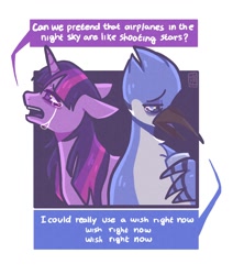Size: 1268x1492 | Tagged: safe, artist:falliay, twilight sparkle, bird, blue jay, pony, unicorn, g4, aeroplanes and meteor showers, airplanes (song), b.o.b., crossover, crossover shipping, crying, dialogue, duo, female, hayley williams, lyrics, male, mare, mordecai, mordetwi, night, redraw mordetwi meme, regular show, sad, shipping, song reference, stars, straight, teary eyes, text, unicorn twilight