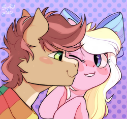 Size: 974x913 | Tagged: safe, artist:survya, oc, oc only, oc:bay breeze, oc:pitch kritter pine, earth pony, pegasus, pony, blaze (coat marking), blushing, bow, cheek kiss, clothes, coat markings, cute, facial markings, female, hair bow, kissing, male, mare, one eye closed, pinebreeze, scarf, shipping, simple background, stallion