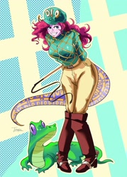 Size: 2335x3260 | Tagged: safe, artist:traupa, gummy, pinkie pie, alligator, human, equestria girls, g4, arm behind back, breasts, busty pinkie pie, clothes, cosplay, costume, crossover, diego brando, grin, hat, high res, jojo's bizarre adventure, smiling, steel ball run, tail, whip