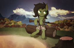 Size: 5088x3317 | Tagged: safe, alternate version, artist:thehuskylord, oc, oc only, oc:filly anon, earth pony, pony, absurd resolution, clothes, cloud, female, filly, fn fal, forest, frown, gun, hill, log, mountain, rhodesia, rifle, solo, tree, tree stump, uniform, weapon