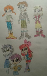 Size: 947x1535 | Tagged: safe, artist:jebens1, apple bloom, scootaloo, sweetie belle, equestria girls, g4, accessory swap, annika, apple bloom's boots, belt, boots, bracelet, clothes, clothes swap, cutie mark crusaders, hoodie, jacket, jeans, jewelry, leggings, looking at you, pants, pippi longstocking, scootaloo's boots, shirt, shoes, shorts, simple background, skirt, socks, sweetie belle's boots, tommy, traditional art, white background