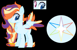 Size: 1813x1189 | Tagged: safe, artist:jackie-sheepwitch, oc, oc only, oc:rainbow nova, pegasus, pony, base used, black background, chest fluff, feathered fetlocks, female, hair over one eye, heart eyes, heterochromia, magical lesbian spawn, mare, offspring, parent:rainbow dash, parent:rarity, parents:raridash, pegasus oc, reference sheet, simple background, smiling, solo, wingding eyes, wings