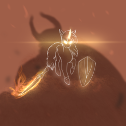 Size: 2000x2000 | Tagged: safe, artist:justshyr, lord tirek, oc, oc only, pony, unicorn, g4, duo, female, flaming sword, glowing eyes, glowing horn, high res, horn, magic, mare, shield, sword, telekinesis, weapon