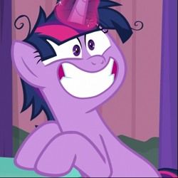 Size: 723x722 | Tagged: safe, screencap, twilight sparkle, alicorn, pony, a trivial pursuit, cropped, cute, faic, female, glowing horn, horn, mare, messy mane, sitting, smiling, solo, teeth, twiabetes, twilight snapple, twilight sparkle (alicorn), twilynanas