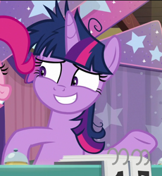 Size: 606x659 | Tagged: safe, screencap, twilight sparkle, alicorn, pony, a trivial pursuit, g4, cropped, cute, female, messy mane, offscreen character, smiling, solo focus, twiabetes, twilight sparkle (alicorn)