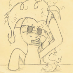 Size: 640x640 | Tagged: safe, artist:hotkinkajou, pinkie pie, earth pony, pony, g4, bust, female, headache, migraine, pencil drawing, rubbing head, simple background, traditional art