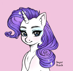 Size: 3010x2927 | Tagged: safe, artist:sugarrrpeach, rarity, pony, unicorn, g4, bust, chest fluff, cute, ear fluff, female, high res, mare, pink background, raribetes, simple background, solo, sparkly eyes, wingding eyes