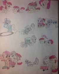 Size: 960x1207 | Tagged: safe, artist:jebens1, apple bloom, diamond tiara, pinkie pie, scootaloo, silver spoon, sweetie belle, trixie, oc, earth pony, pegasus, pony, unicorn, fanfic:on a whisper of wind, g4, adorabloom, angry, apple bloom's bow, applebuck, bag, baseball cap, blushing, bow, cap, cart, cute, cutie mark crusaders, diamond crown, diamondbetes, donut, eyes closed, female, food, giggling, hair bow, half r63 shipping, hat, introducing, kissing, looking at each other, male, on a whisper of wind, rule 63, saddle bag, scared, scooter, self paradox, self ponidox, ship:sweetiebloom, ship:sweetiebuck, shipping, silverbetes, smiling, straight, wide eyes