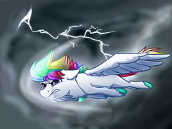 Size: 4000x3000 | Tagged: safe, artist:witchtaunter, oc, oc only, pegasus, pony, determined, flying, lightning, overcast, solo, storm