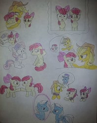 Size: 960x1216 | Tagged: safe, artist:jebens1, apple bloom, applejack, sweetie belle, trixie, oc, oc:presto, earth pony, pony, unicorn, fanfic:on a whisper of wind, g4, adorabloom, apple bloom's bow, applebuck, baseball cap, blushing, bow, cap, card, card game, crying, cute, diasweetes, evil smile, eyes closed, female, grin, hair bow, half r63 shipping, happy, hat, imagine spot, kissing, lesbian, male, mirror, oh crap, on a whisper of wind, poker, realization, rule 63, self paradox, self ponidox, ship:sweetiebloom, ship:sweetiebuck, shipping, smiling, straight, surprised, tears of joy, this will not end well, tristan, wide eyes