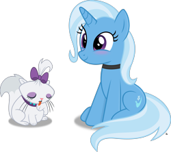 Size: 3239x2872 | Tagged: safe, artist:anime-equestria, opalescence, trixie, cat, pony, unicorn, g4, behaving like a cat, blushing, bow, collar, cute, diatrixes, duo, eyeshadow, female, high res, horn, licking, makeup, mare, simple background, sitting, smiling, tongue out, transparent background, vector