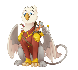 Size: 3276x2935 | Tagged: safe, artist:luximus17, oc, oc:der, oc:thumbtack, griffon, birds doing bird things, clothes, cute, fitting, griffon oc, high res, homie, rapier, simple background, small, smol, sword, transparent background, uniform, weapon