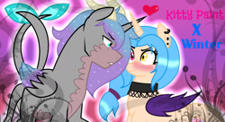 Size: 1552x846 | Tagged: safe, artist:kittypaint08, artist:kittypaintyt, oc, oc:kittypaint, oc:winter, alicorn, bat pony, bat pony alicorn, pony, bat wings, blushing, horn, oc x oc, shipping, wings