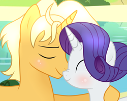 Size: 1280x1024 | Tagged: safe, artist:themune, ragamuffin (g4), rarity, pony, g4, alternate hairstyle, blushing, boop, duo, duo male and female, equestria girls ponified, female, male, noseboop, nuzzling, ponified, ship:rarimuffin, shipping, straight, unicorn ragamuffin (g4)