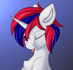 Size: 3067x2929 | Tagged: safe, artist:snowstormbat, oc, oc only, oc:retalia ion, pony, unicorn, bust, chest fluff, female, gradient background, high res, looking at you, mare, portrait, solo, tongue out