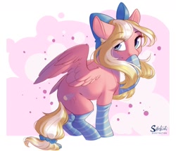 Size: 1279x1100 | Tagged: safe, artist:silentwulv, oc, oc only, oc:bay breeze, pegasus, pony, bow, clothes, female, hair bow, mare, pegasus oc, socks, solo, striped socks, wings