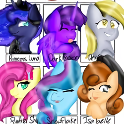 Size: 450x450 | Tagged: artist needed, safe, derpy hooves, fluttershy, princess luna, oc, oc:dark moon, oc:isabelle, oc:snowflake, alicorn, earth pony, pegasus, pony, g4, :p, alicorn oc, bust, earth pony oc, eyes closed, female, hat, horn, mare, one eye closed, six fanarts, smiling, tongue out, wings, wink