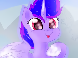 Size: 518x388 | Tagged: artist needed, safe, oc, oc only, alicorn, pony, :p, alicorn oc, coat markings, ethereal mane, horn, raised hoof, smiling, socks (coat markings), solo, starry mane, tongue out, wings