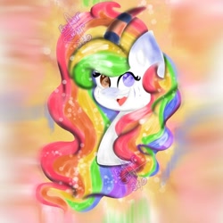 Size: 768x768 | Tagged: safe, artist:_enderjam_, oc, oc only, alicorn, pony, :d, abstract background, alicorn oc, bust, curved horn, heterochromia, horn, multicolored hair, open mouth, rainbow hair, smiling, solo