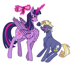 Size: 1089x1006 | Tagged: safe, artist:mlp004ninintv, star tracker, twilight sparkle, alicorn, earth pony, pony, g4, blushing, chest fluff, cute, ear fluff, eyes closed, female, floppy ears, flower, flower in mouth, leg fluff, magic, male, mare, mouth hold, outline, scroll, ship:twitracker, shipping, simple background, stallion, straight, telekinesis, transparent background, twilight sparkle (alicorn)