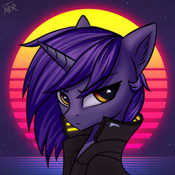 Size: 3000x3000 | Tagged: safe, artist:xanter, oc, oc only, oc:starlet soul, pony, unicorn, bust, clothes, cyberpunk, ear fluff, eye reflection, female, high res, mare, neon, portrait, reflection, solo, sunset, synthwave