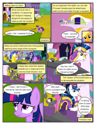 Size: 612x792 | Tagged: safe, artist:newbiespud, edit, edited screencap, screencap, applejack, princess celestia, shining armor, twilight sparkle, alicorn, earth pony, pony, unicorn, comic:friendship is dragons, a canterlot wedding, g4, armor, castle, comic, dialogue, female, helmet, looking down, male, mare, royal guard, screencap comic, spear, stallion, telescope, unicorn twilight, weapon