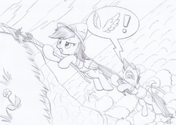 Size: 3430x2430 | Tagged: safe, alternate version, artist:xeviousgreenii, daring do, quibble pants, earth pony, pegasus, pony, g4, high res, monochrome, newbie artist training grounds, rope, scare, speech bubble, sweat, sweatdrop, wings