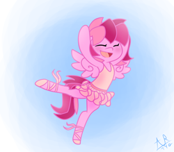 Size: 800x700 | Tagged: safe, artist:foalatalents, oc, oc:dreamy heart, pegasus, pony, anatomically incorrect, arabesque, arms in the air, ballerina, ballet, ballet slippers, clothes, cute, dancing, eyes closed, incorrect leg anatomy, open mouth, standing on one leg, tutu
