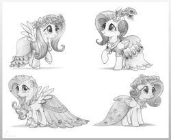 Size: 5200x4240 | Tagged: safe, artist:fladdrarblyg, fluttershy, pegasus, pony, g4, alternate clothes, clothes, cute, dress, female, folded wings, gala dress, grayscale, looking at you, monochrome, pencil drawing, raised hoof, shyabetes, simple background, smiling, solo, traditional art, white background, wings