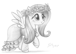 Size: 3507x2480 | Tagged: safe, artist:fladdrarblyg, fluttershy, pegasus, pony, g4, magical mystery cure, clothes, dress, female, flower, flower in hair, grayscale, high res, monochrome, simple background, solo, traditional art, white background, wings