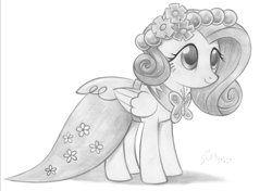 Size: 3451x2424 | Tagged: safe, artist:fladdrarblyg, fluttershy, pegasus, pony, a canterlot wedding, g4, alternate design, alternate hairstyle, clothes, dress, female, grayscale, high res, monochrome, simple background, solo, traditional art, white background