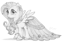 Size: 3507x2480 | Tagged: safe, artist:fladdrarblyg, fluttershy, pegasus, pony, g4, suited for success, the best night ever, clothes, dress, female, gala dress, grayscale, high res, monochrome, simple background, solo, traditional art, white background